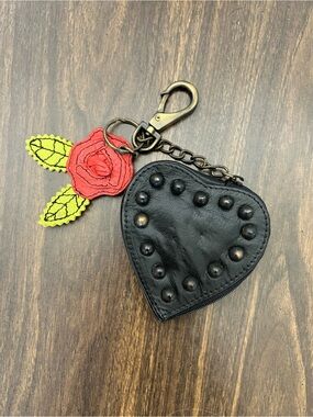 Betsey Johnson Y2K Heart Studded Leather Coin Purse Keychain Black Rose Punk 🥀